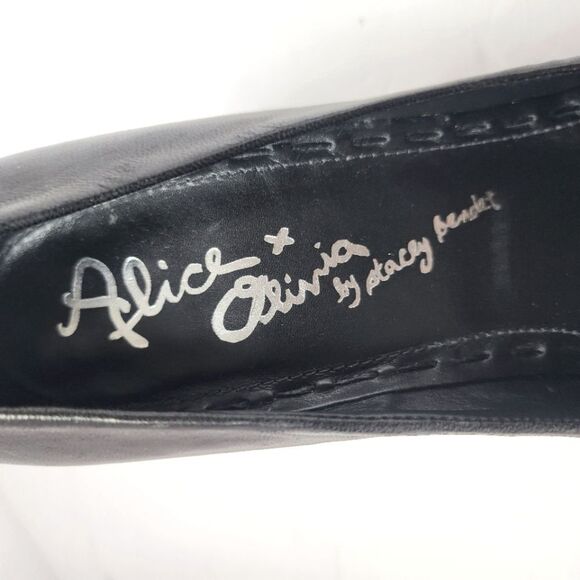 Alice + Olivia Rhinestone Bow Leather Black Pump Heels Size 37.5 - Picture 7 of 8